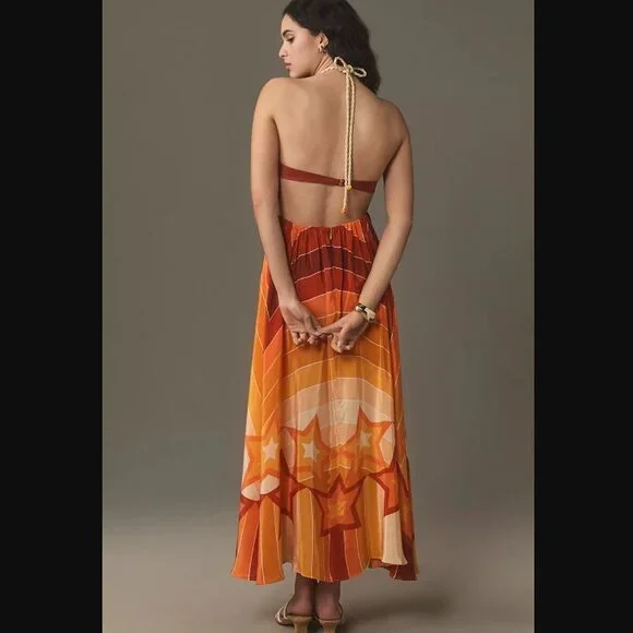 New M Farm Rio x Anthropologie Gradient stripes star halter maxi dress in orange